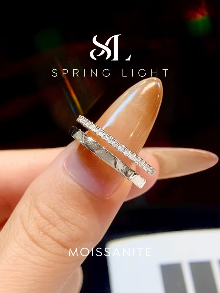 Bague ronde à double couche en diamant Moissanite véritable pour femmes