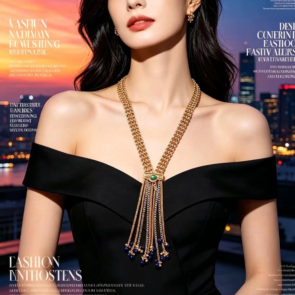 Collier lariat à pampilles en maille métallique