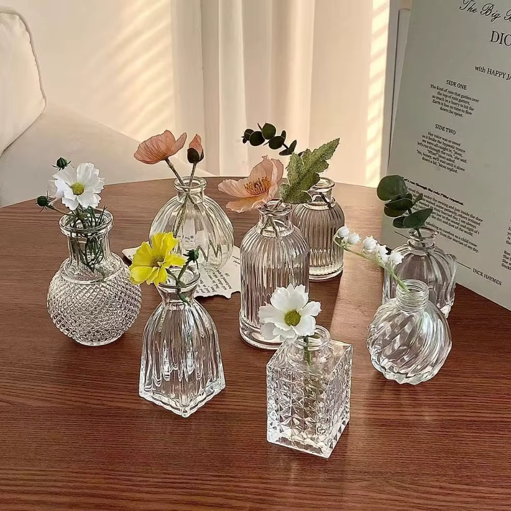 Vase en verre transparent rétro français pour arrangement floral de mariage
