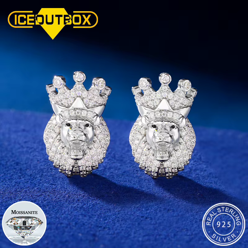 Boucles d'oreilles Hip Hop roi Lion en argent Sterling 925 véritable plaqué Rhodium, couronne de Moissanite glacée, bijoux cadeaux pour hommes