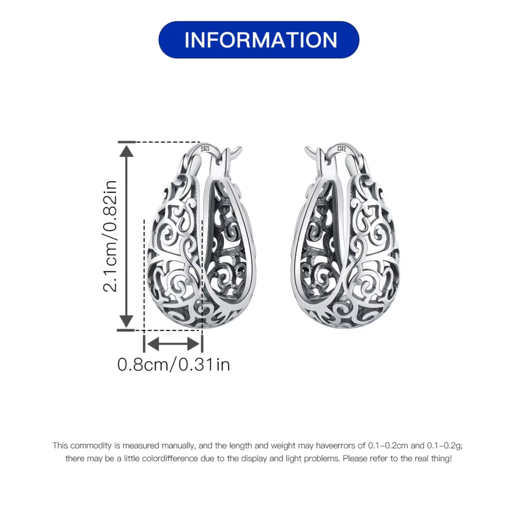 Boucles d'oreilles créoles vintage en argent regardé 925 pour femmes