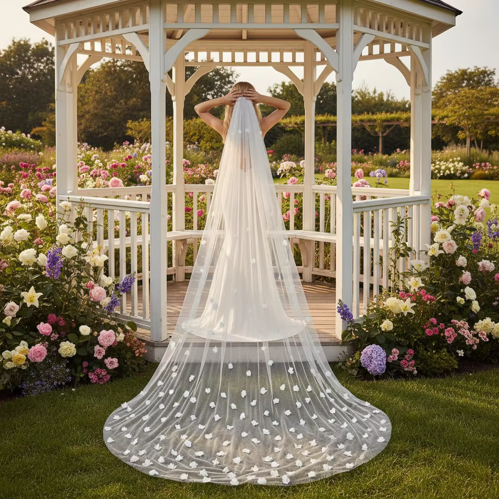 Voile de mariée élégant en tulle avec appliques florales 3D