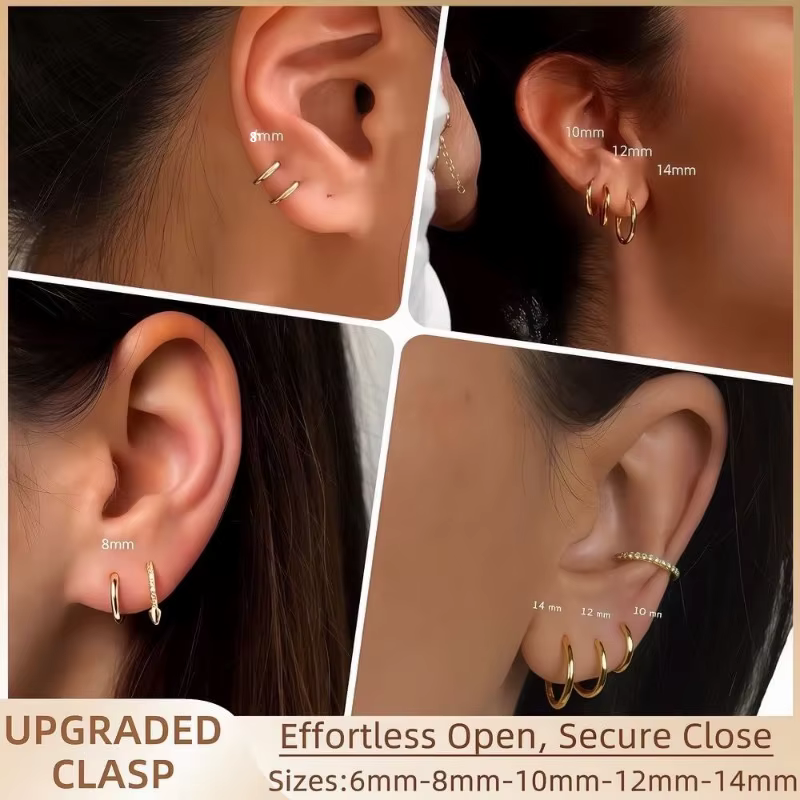 5 paires de boucles d'oreilles Huggie créoles plaquées or 14 carats pour femmes