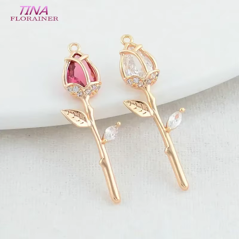 9.5*29MM 14K couleur or laiton avec Zircon fleurs breloques pendentifs collier boucles d'oreilles fabrication de bijoux fournitures accessoires