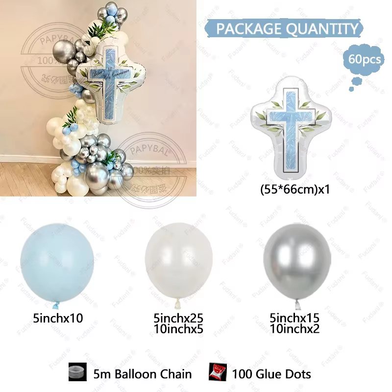 Bleu rose bébé baptême ballon croix bain feuille