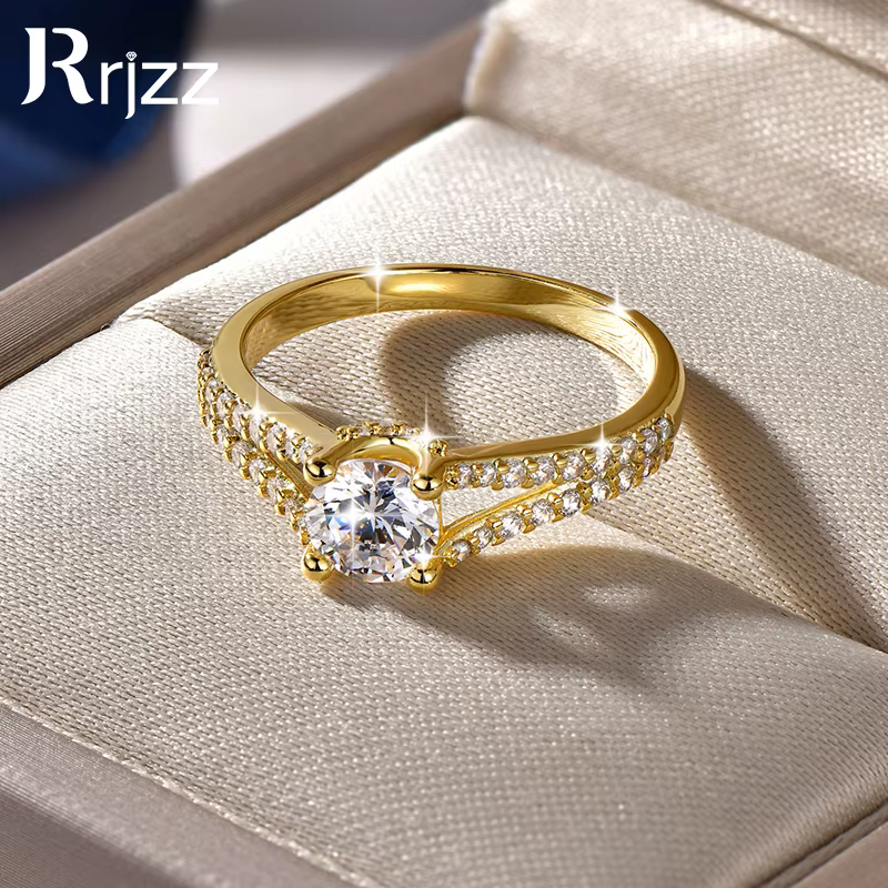 Rrjzz Bague de fiançailles et de mariage en or plaqué 14 carats avec zircone cubique ronde de 0