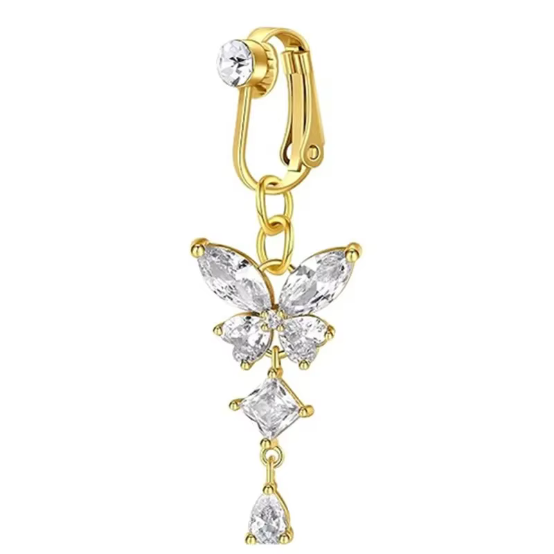Clip sur nombril anneau papillon cuivre Zircon rose faux ventre Piercing ombilical