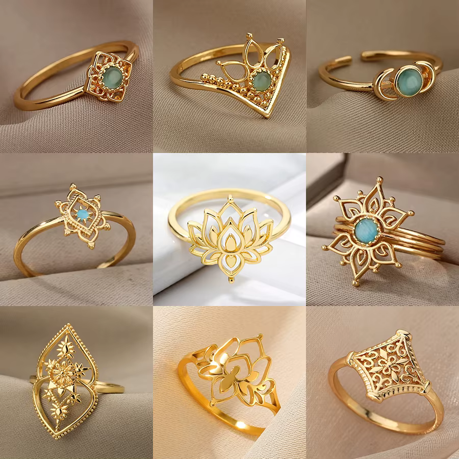 Bague fleur de Lotus en acier inoxydable pour femmes