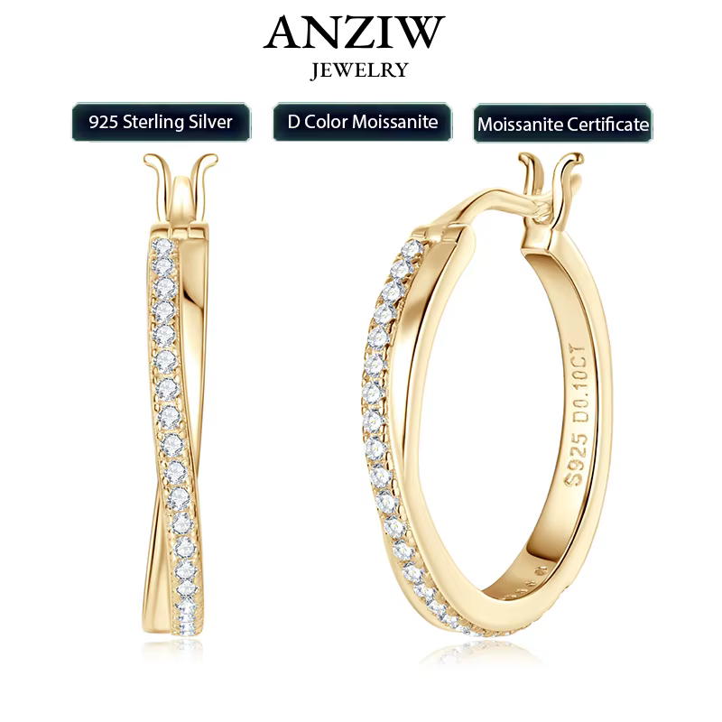 Anziw-Boucles d'oreilles créoles Moissanite véritable pour femme