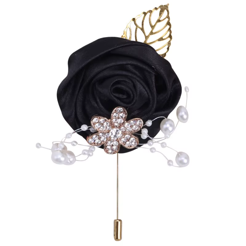 Broche de mariage Corsage de poignet pour mariée demoiselle d'honneur en ruban Rose fleur strass perle mode hommes costume broches de poche