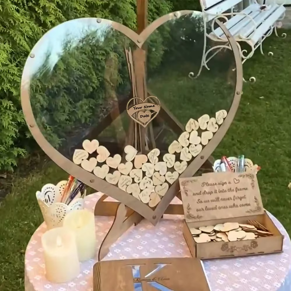 Livre d'Or de Mariage en Bois en Forme de Cœur, Décoration de Table