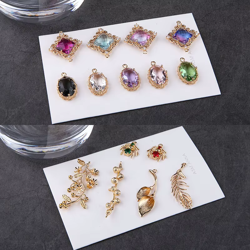 Boucles d'oreilles en cuivre plaqué or, 1 pièce, accessoires de bijouterie à faire soi-même, rétention de couleur, feuilles ovales en cristal, araignée, amour, matériel fait à la main