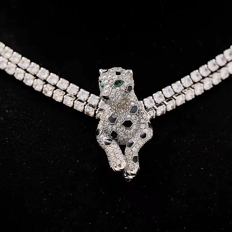 AYJEWELRY Nouvelle Tendance Collier Tennis Double Couche avec Pendentif Broche Panthère Léopard Noir en Zircon 5A