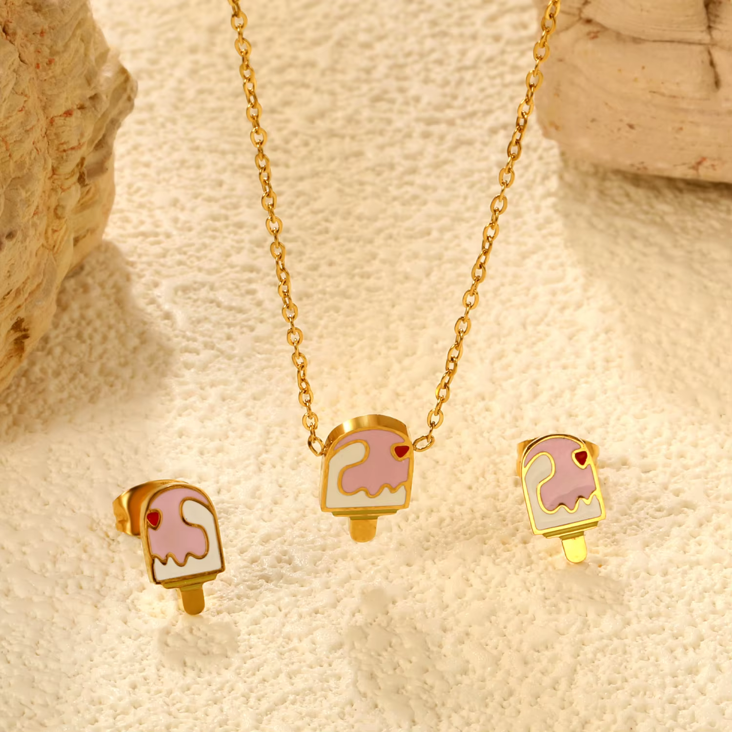 LUXUKISSKIDS été crème glacée pendentif ensemble de bijoux rose glace Popsicle mignon filles jeunes dames en acier collier boucles d'oreilles ensembles