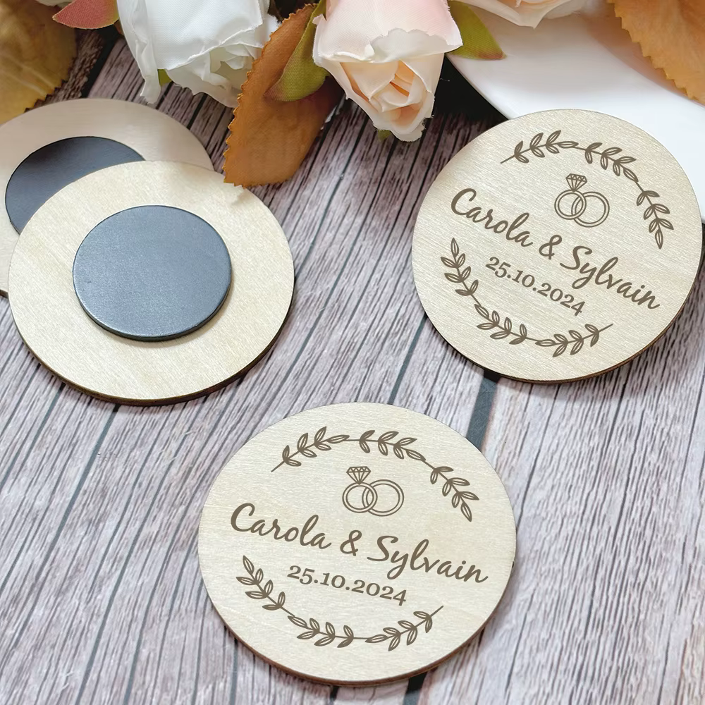 Aimant de mariage Souvenirs pour les invités aimants de réfrigérateur en bois personnalisés cadeaux