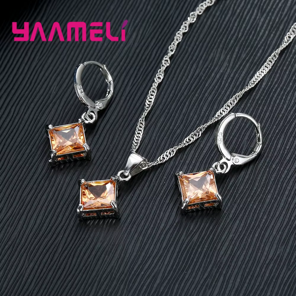 Nouvelle grande Promotion 925 en argent Sterling brillant carré Zircons pendentif collier et boucles d'oreilles ensembles de bijoux pour la vente en gros
