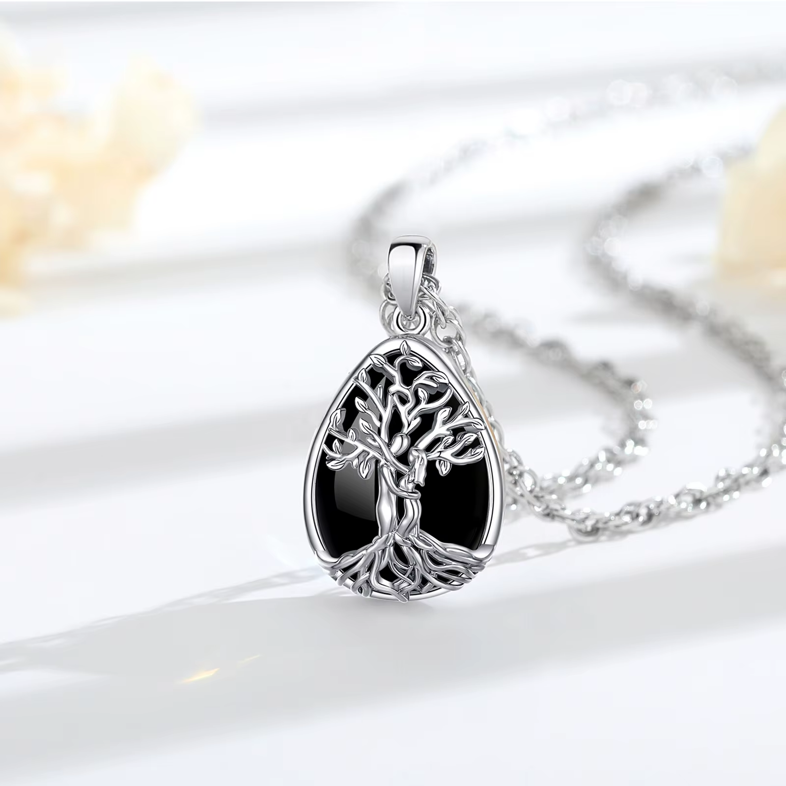 Collier Eudora Arbre de Vie avec Pendentif Couple en Obsidienne