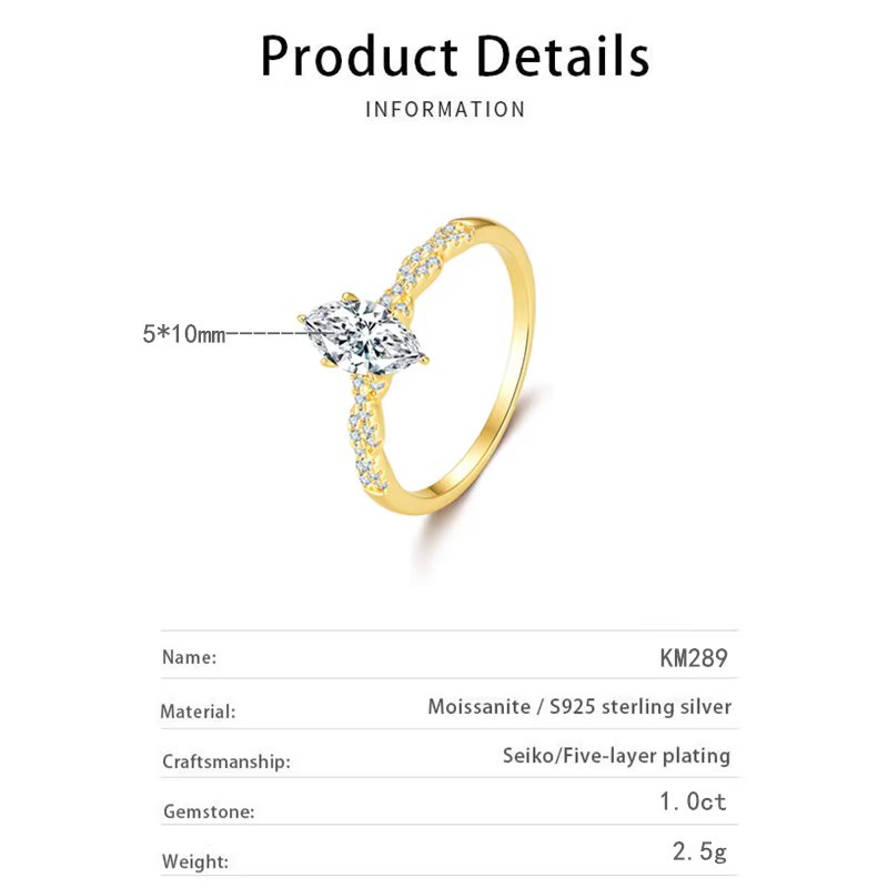 Bague en moissanite taille marquise 1 carat pour femme