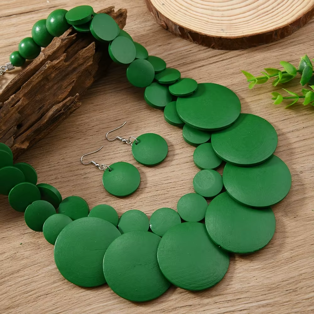 Bijoux africains bohème couleur géométrique ronde perles en bois fait à la main collier et boucles d'oreilles accessoires de fête pour femmes