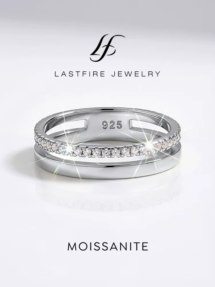 Bague ronde à double couche en diamant Moissanite véritable pour femmes