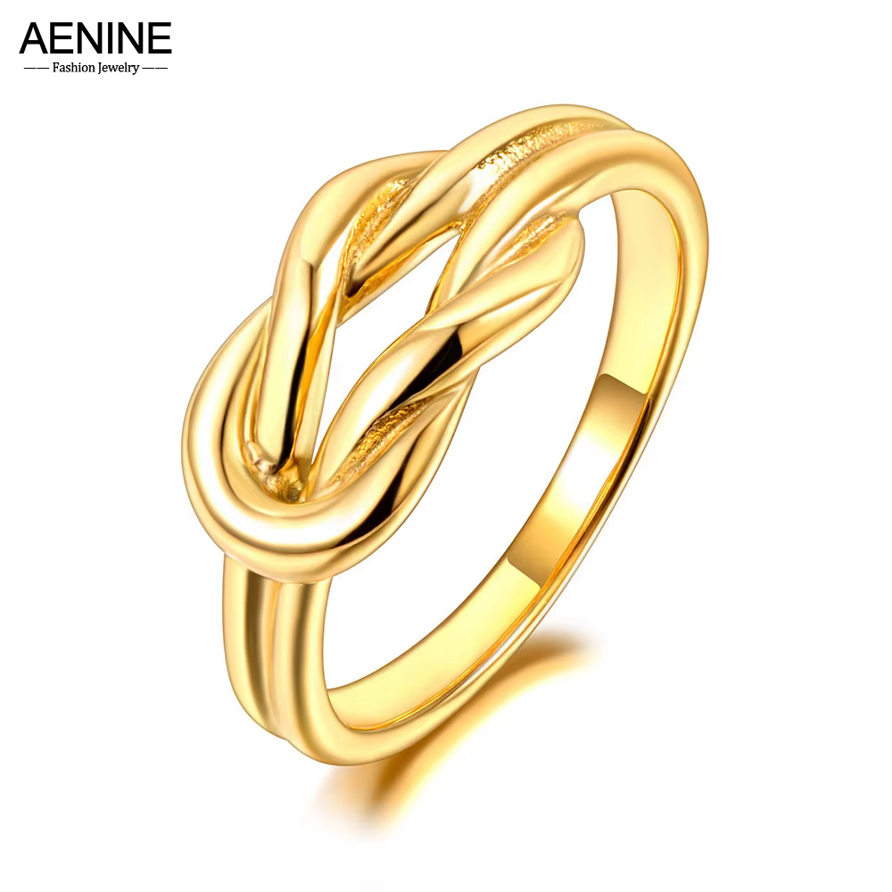 AENINE véritable 18K plaqué or en acier inoxydable créatif noeud anneau pour les femmes à la mode déclaration à la main moulé bijoux colьца AR23021