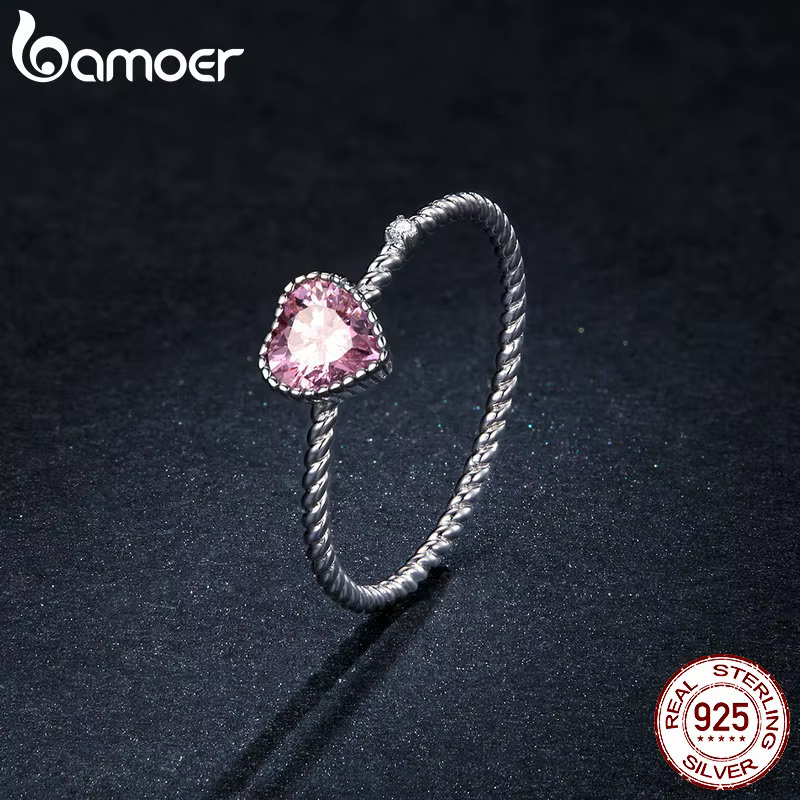 Bague en argent sterling 925 avec zircon rose en forme de cœur
