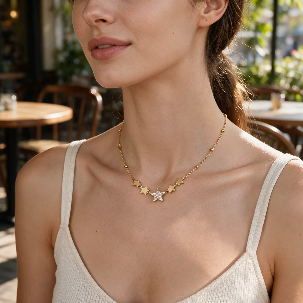 JeeMango – collier avec pendentif étoile en Zircon brillant pour femmes, chaîne en acier inoxydable plaqué or, bijoux à la mode, cadeaux N26062
