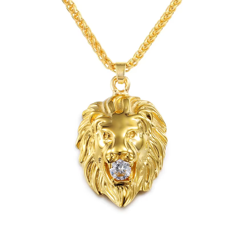 Hip Hop 3D plaqué or tête de Lion avec pendentif en perles de cristal collier pour hommes bijoux animaux