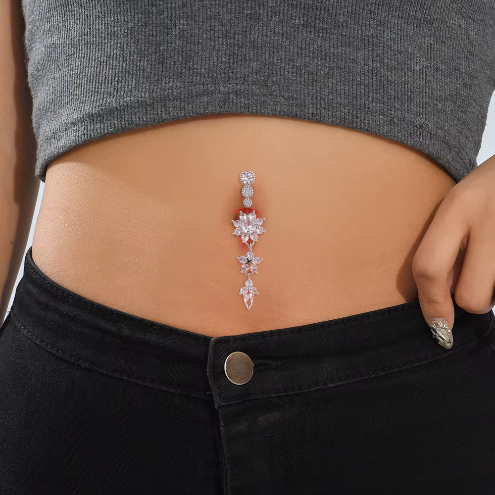 Série de couleurs or 3 cristaux fleur pendante Nombril anneaux en acier inoxydable délicat Zircon