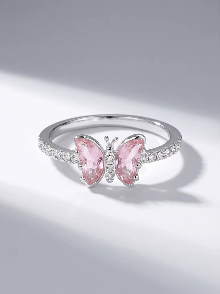 Bague papillon rose en argent Sterling 925 pour femmes