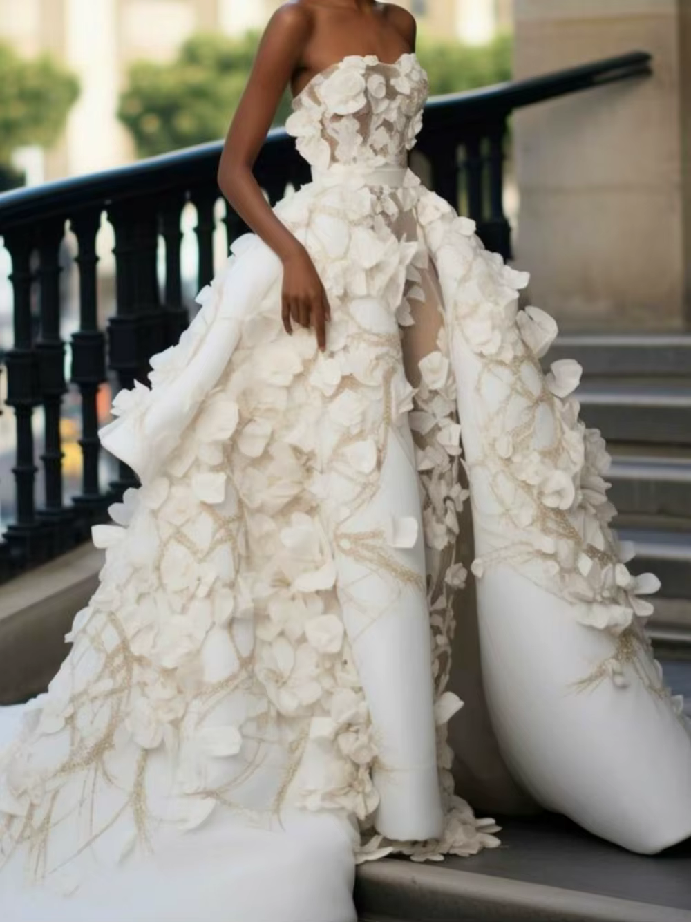 Robe de Mariée Romantique Sans Bretelles en Satin avec Fleurs 3D