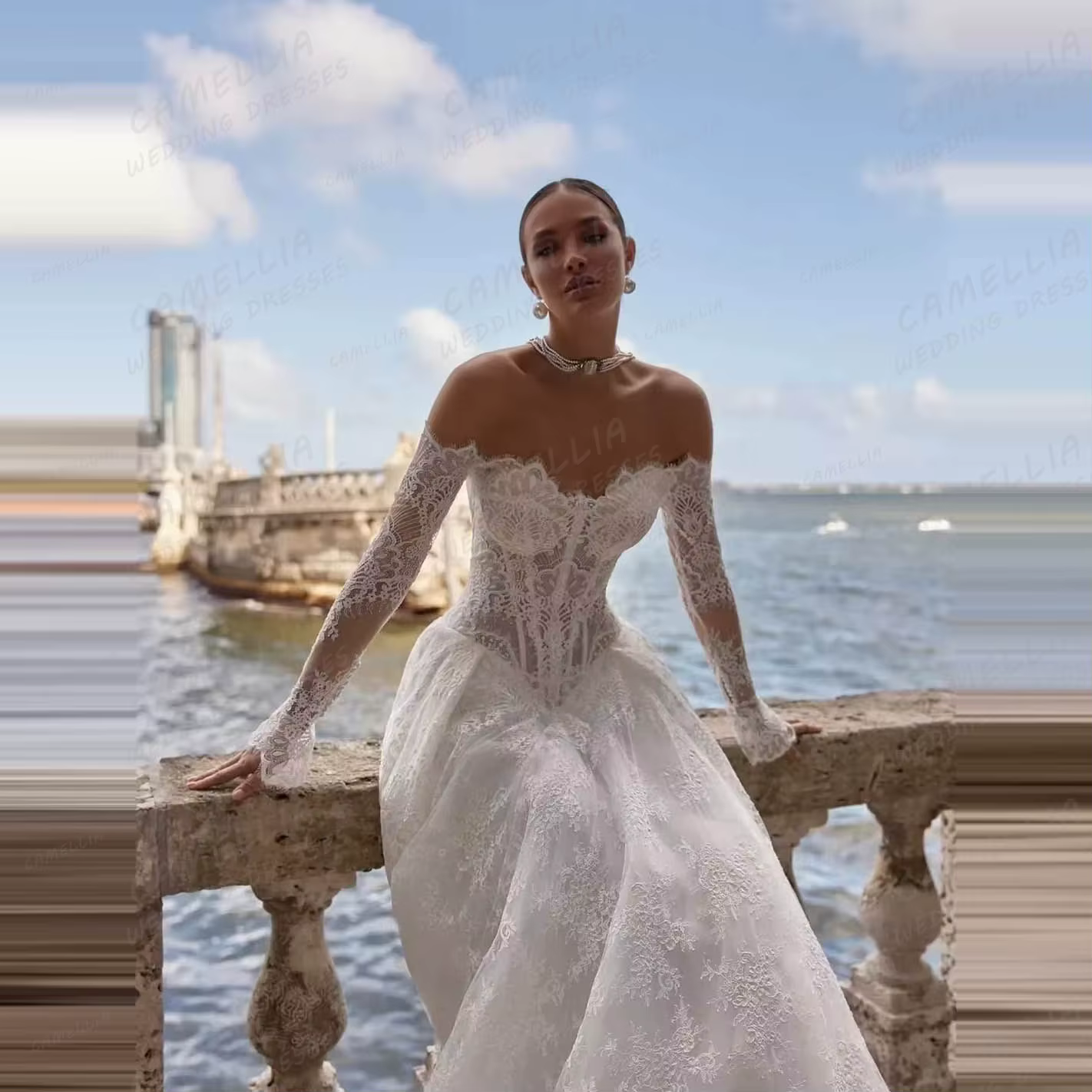 Robes De mariée De luxe femmes une ligne dentelle chérie hors épaule à manches longues