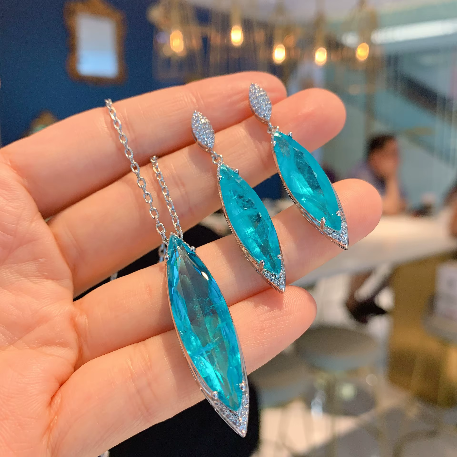 Paraiba-Ensemble de bijoux en cristal bleu pour femme