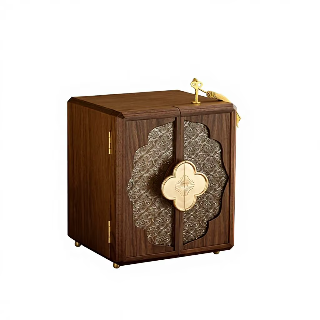 Boîte à bijoux antique en noyer avec serrure