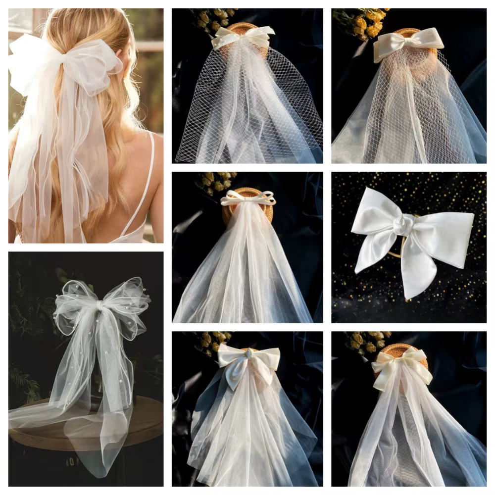 Voile de mariée délicat multicouche en gaze courte blanche avec pince à cheveux en dentelle de tulle et nœud perlé