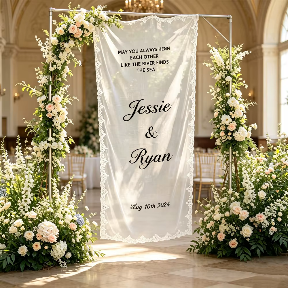 Bannière de bienvenue personnalisée en dentelle pour mariage | Panneau de cérémonie