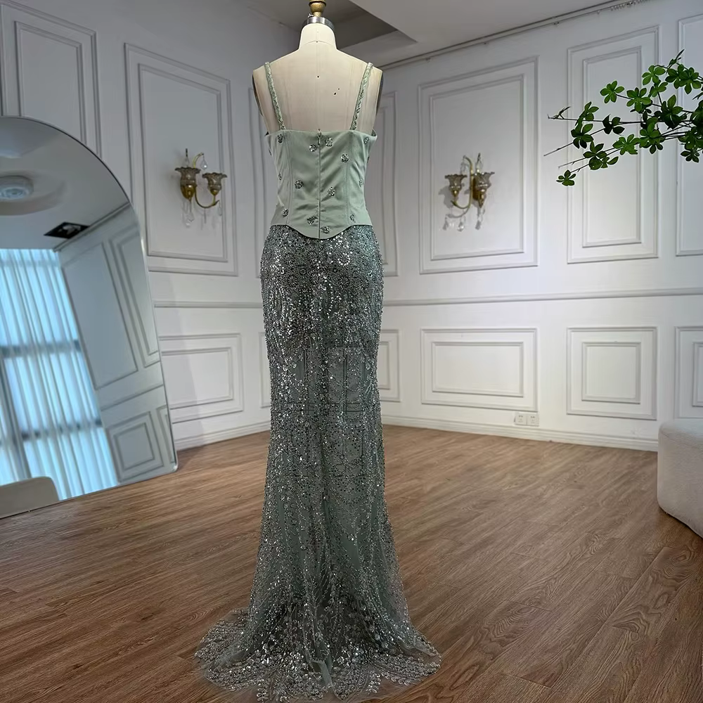 Robe de soirée de luxe en perles vert sauge
