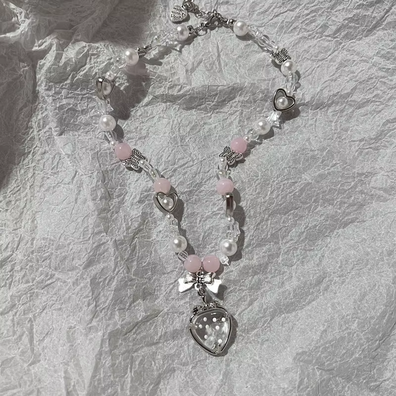 Collier Coquette Cottagecore avec nœud fraise