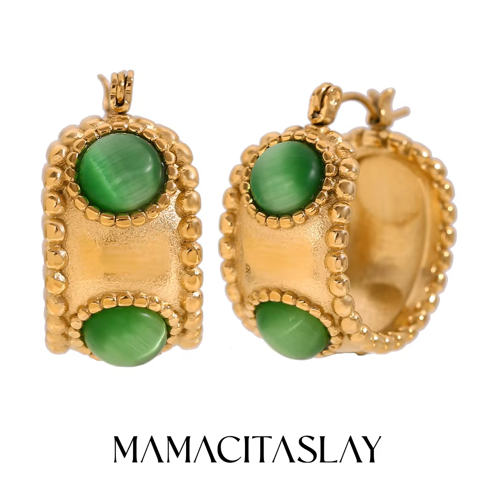 Boucles d'oreilles créoles rétro en acier inoxydable 316L avec bordure perlée en agate