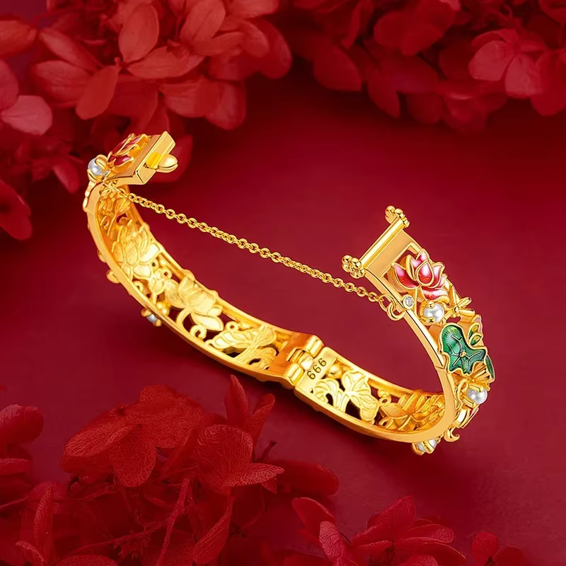 Bracelet en or AU750, design orchidée en émail antique
