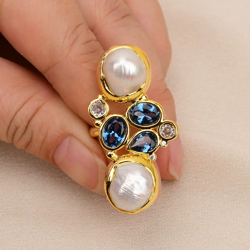 G-G Culture Blanc Keshi Perle Anneaux Mix document Bleu CZ Pavé Or Plaqué Bague Pour Femmes Saint Valentin Bijoux