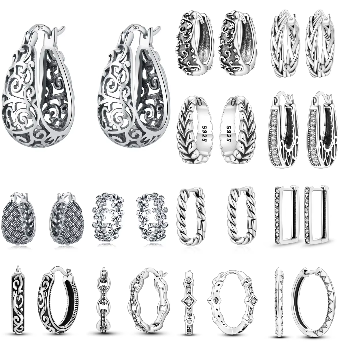 Boucles d'oreilles créoles vintage en argent regardé 925 pour femmes