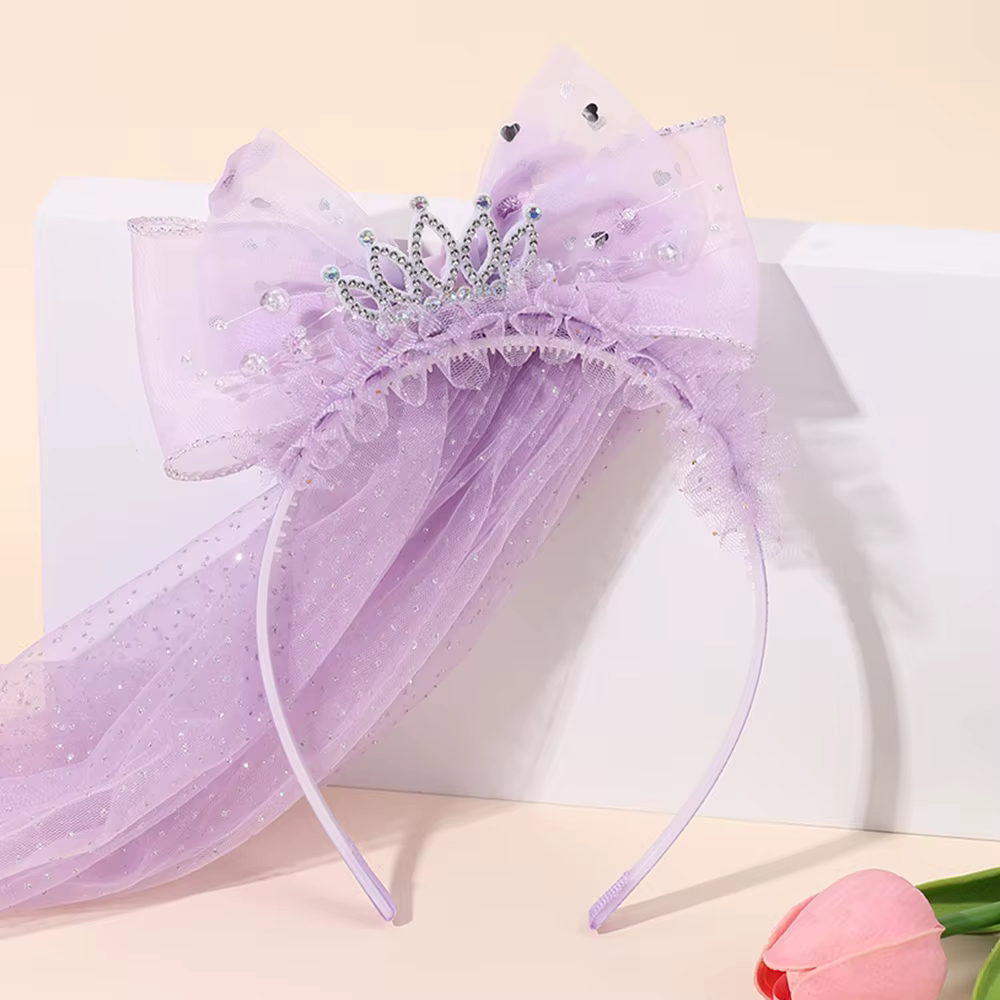 Mignon princesse mariage voile bandeau avec couronne grand Meah arc cheveux cerceau doux fête d'anniversaire