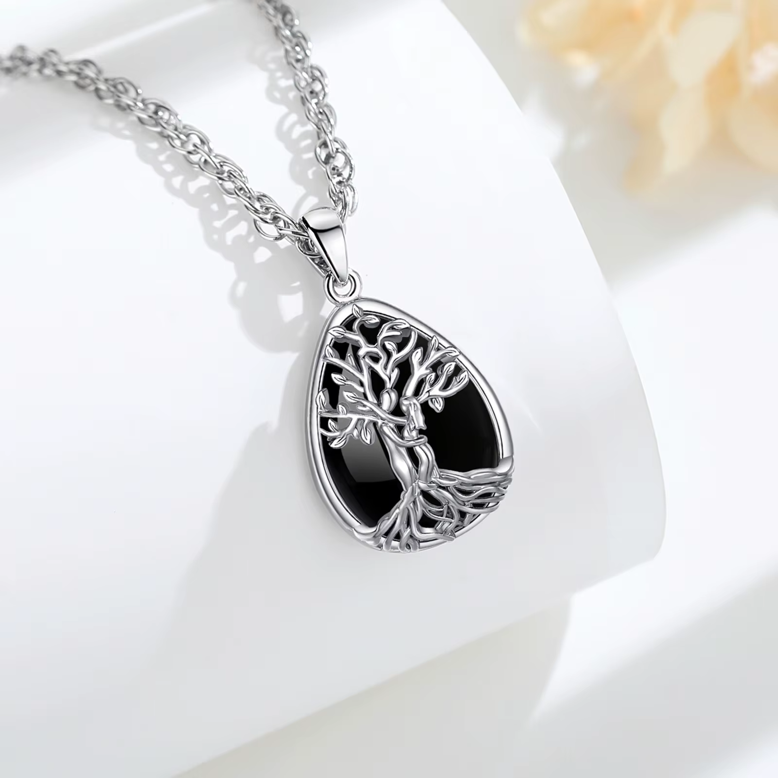 Collier Eudora Arbre de Vie avec Pendentif Couple en Obsidienne