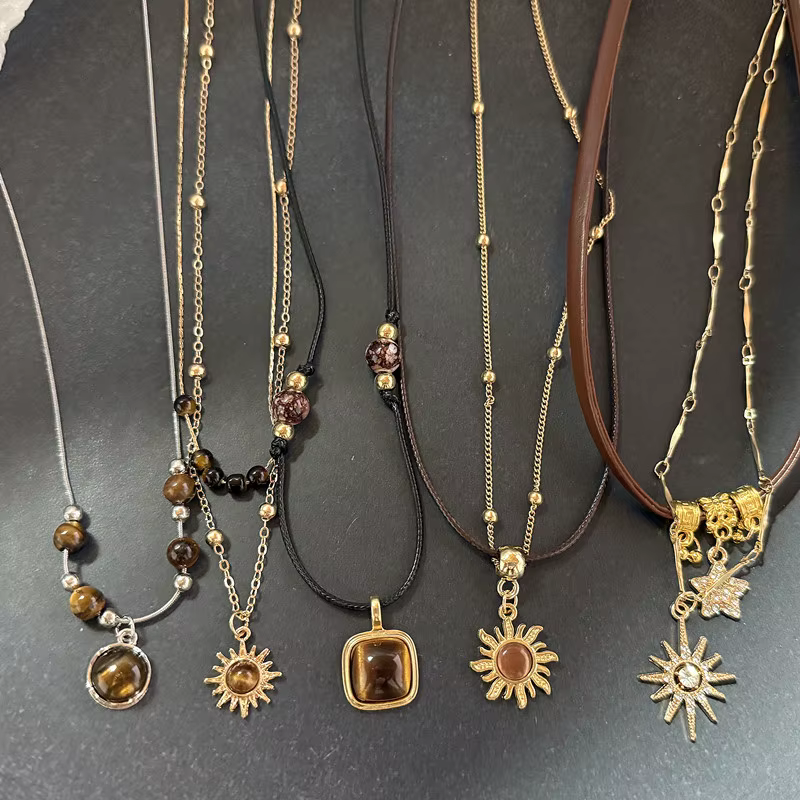 Collier pendentif soleil en pierre Double couche Vintage