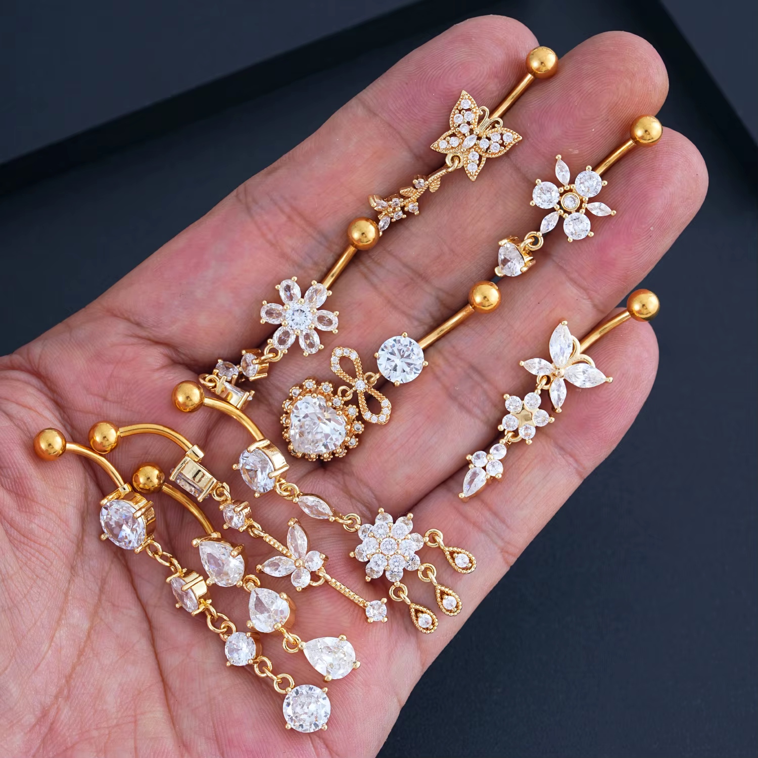 14G Long incurvé pendant Nombril Umbigo pour femmes filles goutte d'eau fleur pendentif Sexy