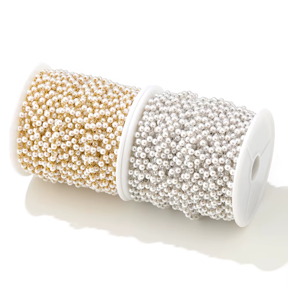 Chaînes de perles blanches plaquées or en acier inoxydable de 2 mètres