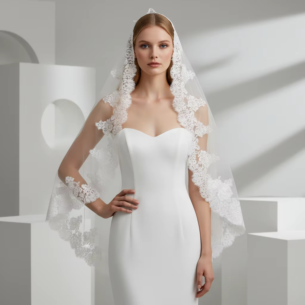 Voile de mariée élégant en dentelle blanche avec appliques florales