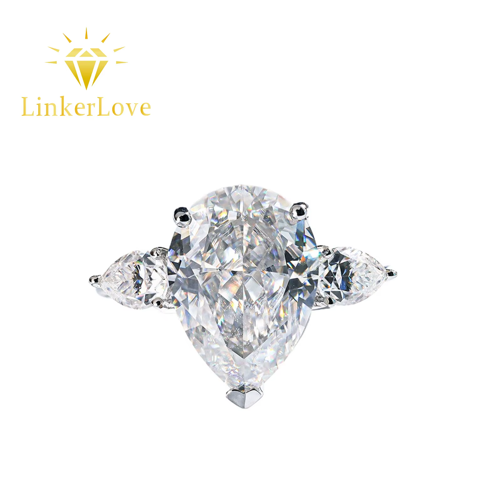 Bague de fiançailles LinkerLove en argent S925 avec 3 pierres en moissanite taille poire 6 carats