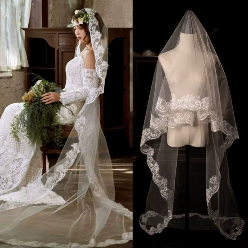 Nouveau Voile de Mariée en Dentelle Florale